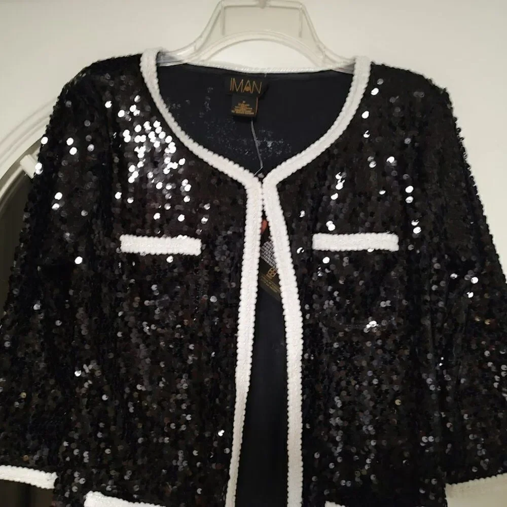 New Iman Black White Trim Sequin 3/4 Sleeve Jacket Size Women's M - Picture 2 of 3
